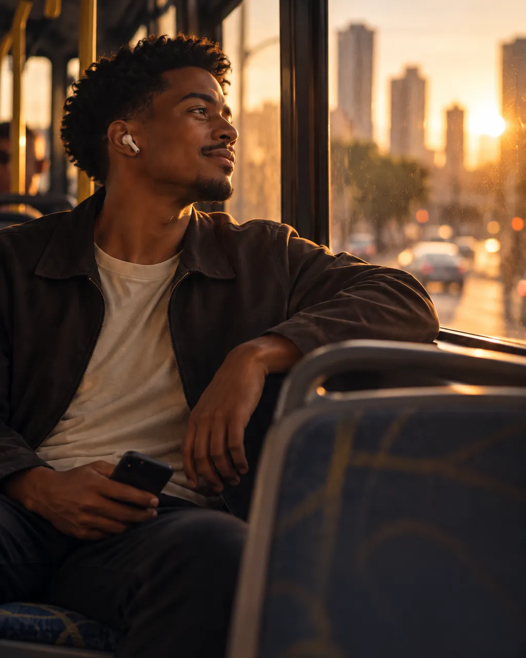 Rapaz com fones de ouvido olhando pela janela do ônibus ao pôr do sol